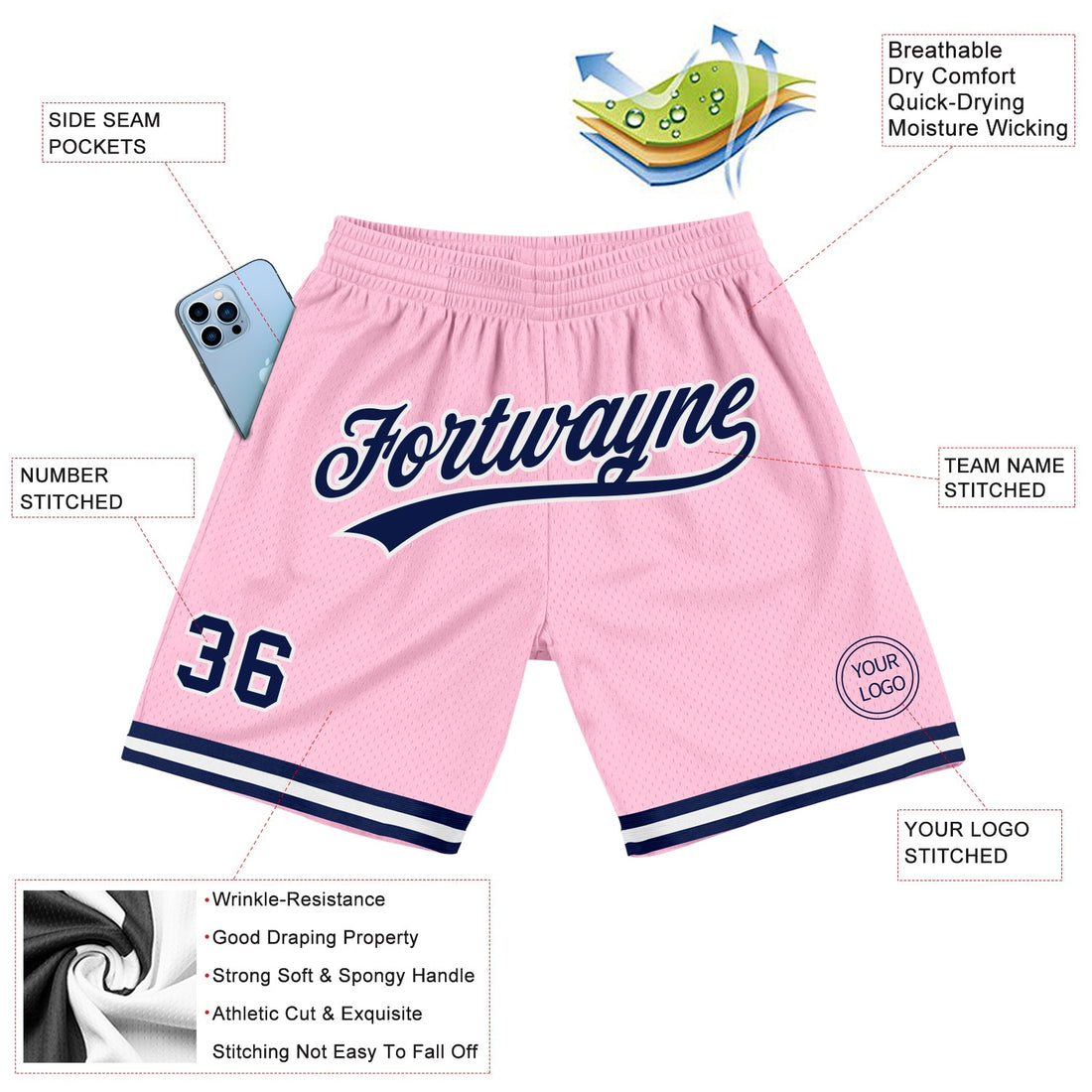 Custom Light Pink Navy-White Authentic Throwback Basketball Shorts