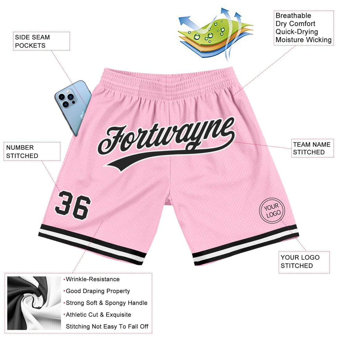 Custom Light Pink Black-White Authentic Throwback Basketball Shorts