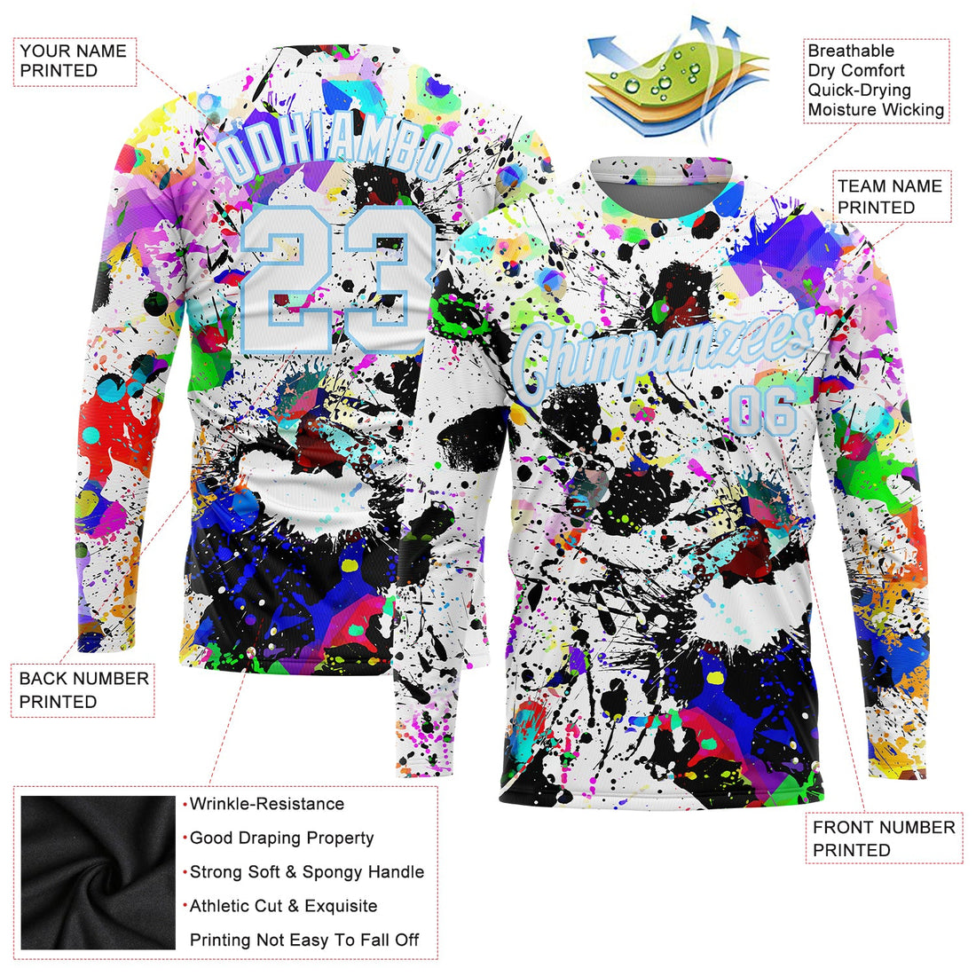 Custom Graffiti Pattern White-Light Blue Splashes 3D Long Sleeve Performance T-Shirt