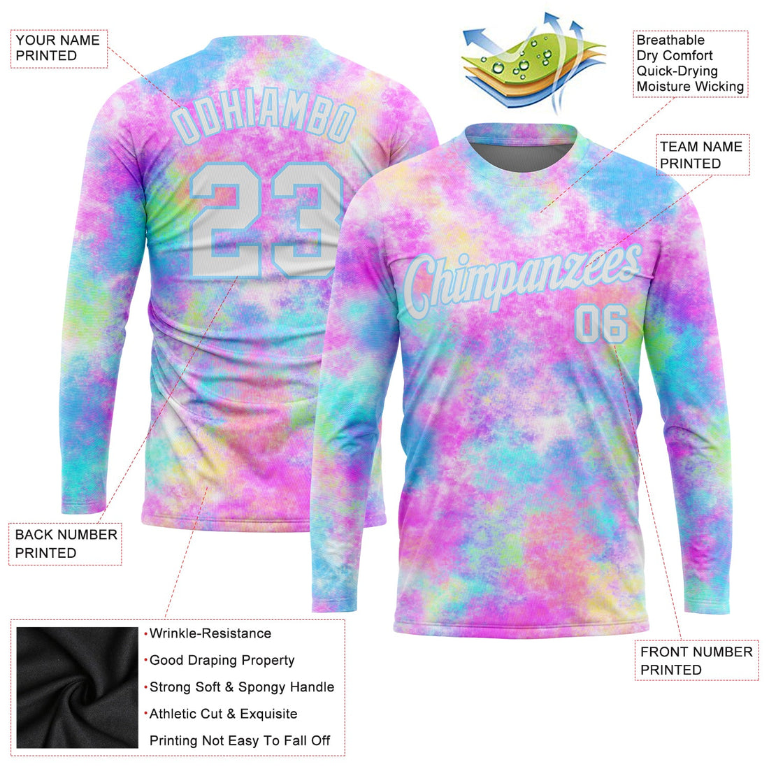 Custom Tie Dye White-Light Blue Watercolor Gradient 3D Long Sleeve Performance T-Shirt