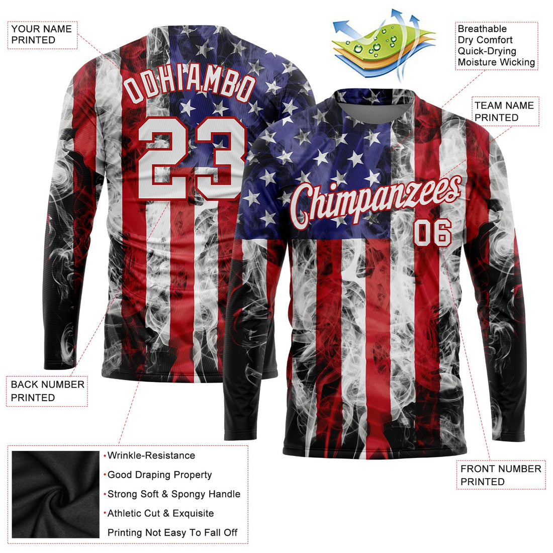 Custom White White Red-Royal American Flag Fashion 3D Pattern Long Sleeve Performance T-Shirt