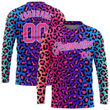 Custom Purple Pink-Light Blue Leopard 3D Pattern Long Sleeve Performance T-Shirt