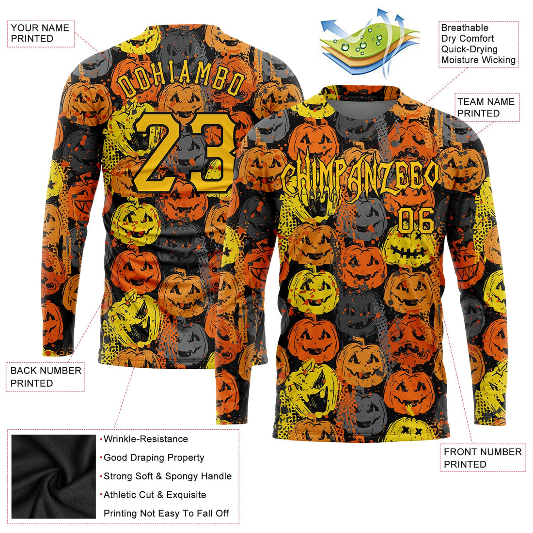 Custom 3D Pattern Halloween Pumpkins Long Sleeve Performance T-Shirt