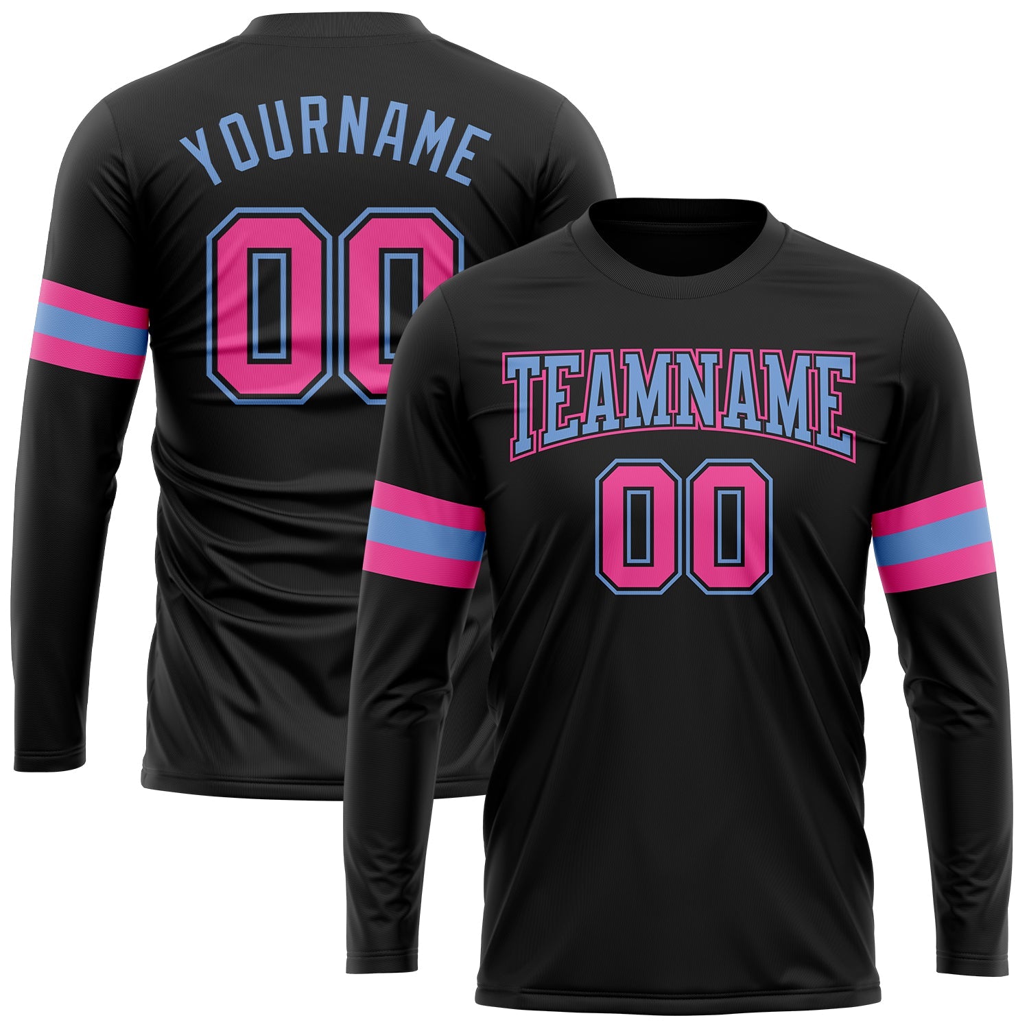 Custom Black Pink-Light Blue Long Sleeve Performance T-Shirt