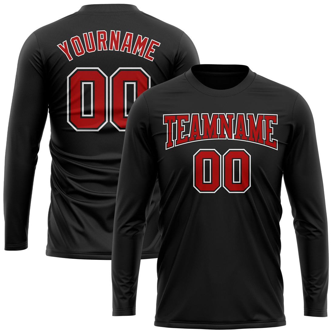 Custom Black Red-White Long Sleeve Performance T-Shirt