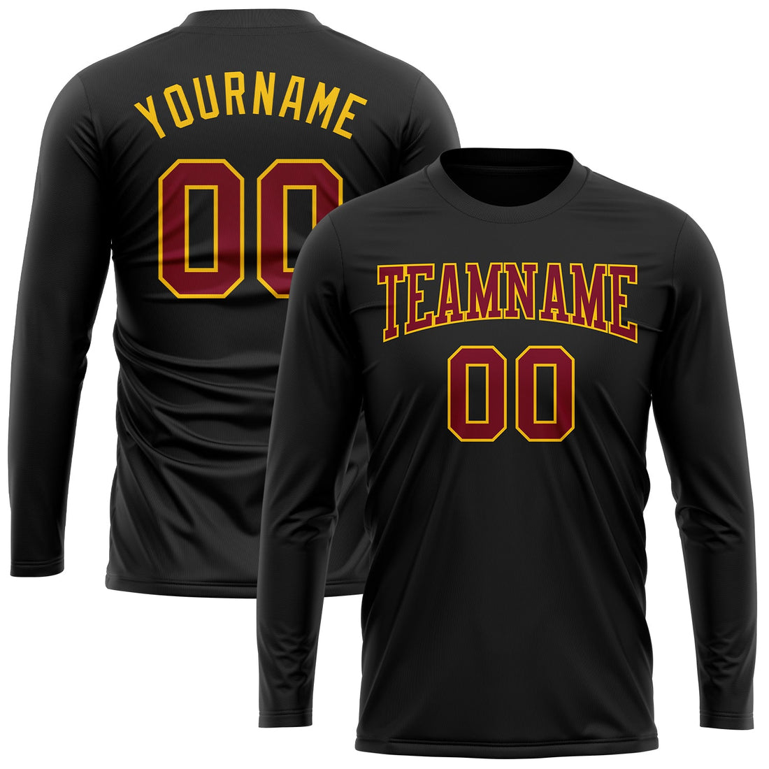 Custom Black Maroon-Gold Long Sleeve Performance T-Shirt