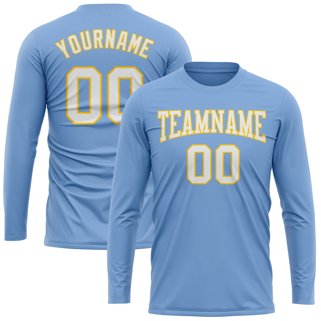 Custom Light Blue White-Gold Long Sleeve Performance T-Shirt