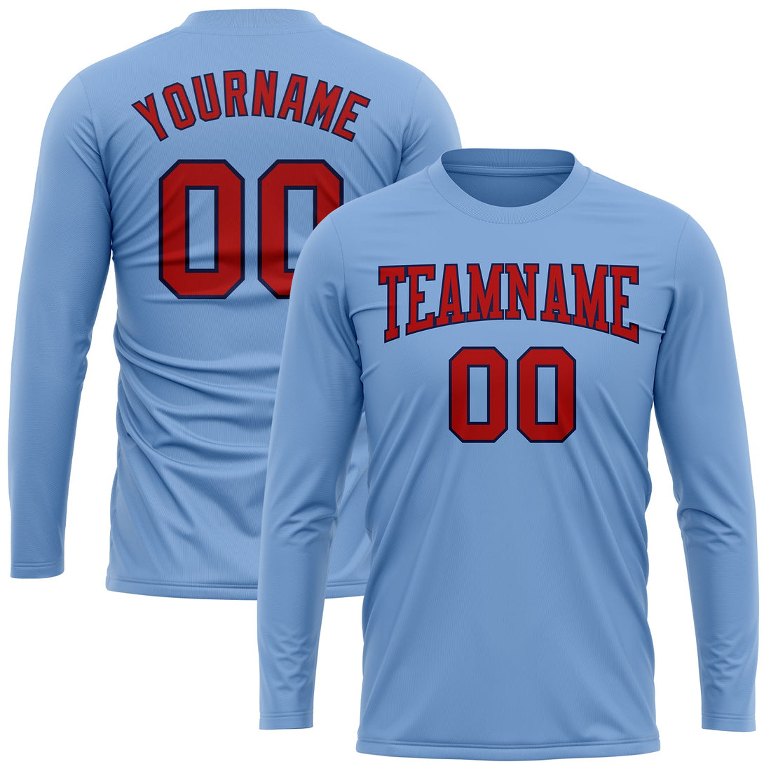 Custom Light Blue Red-Navy Long Sleeve Performance T-Shirt