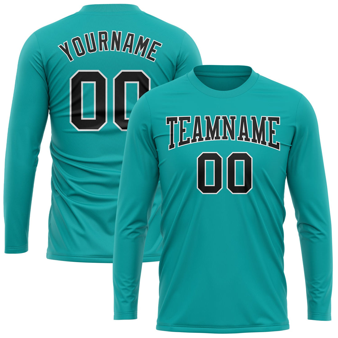 Custom Aqua Black-White Long Sleeve Performance T-Shirt