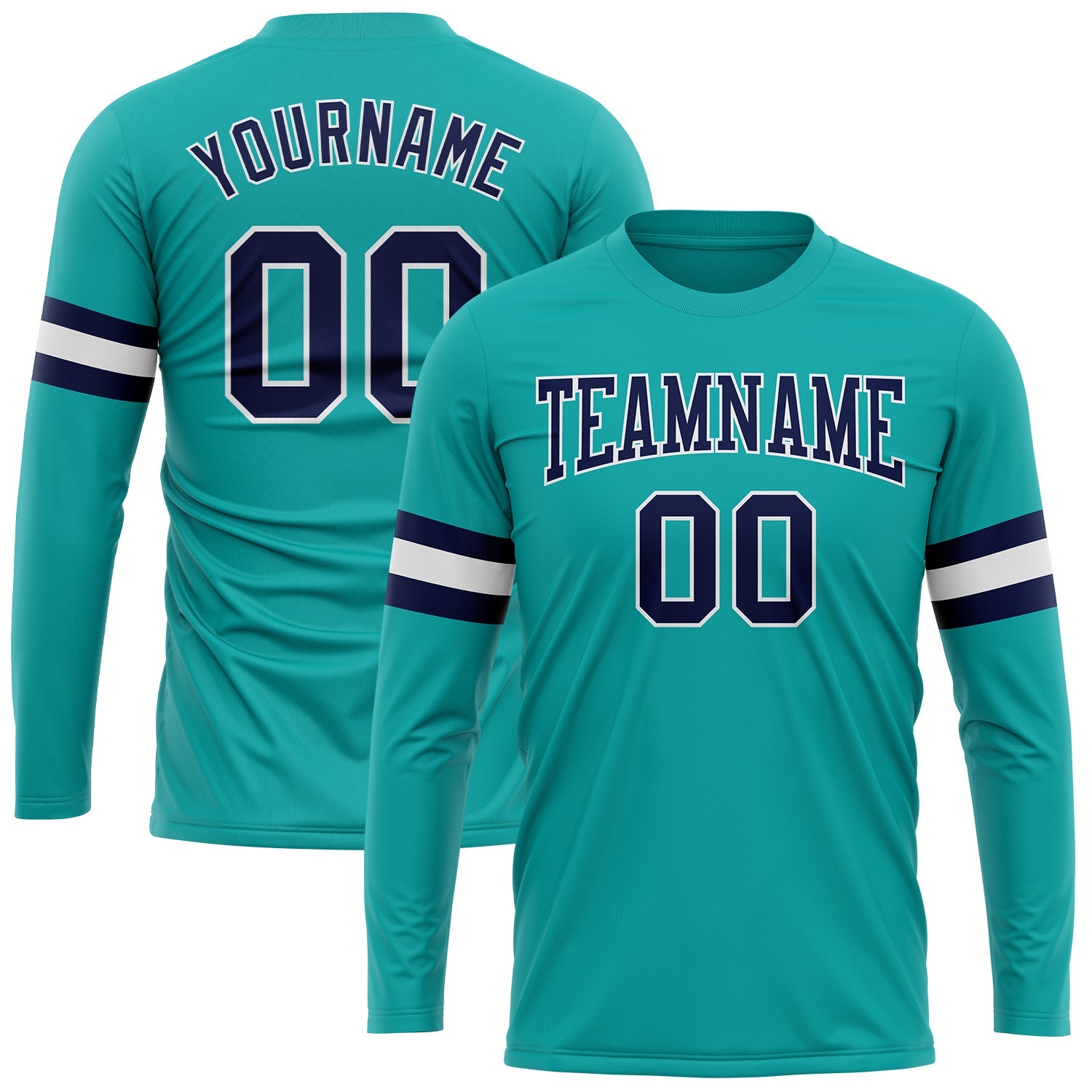 Custom Aqua Navy-White Long Sleeve Performance T-Shirt