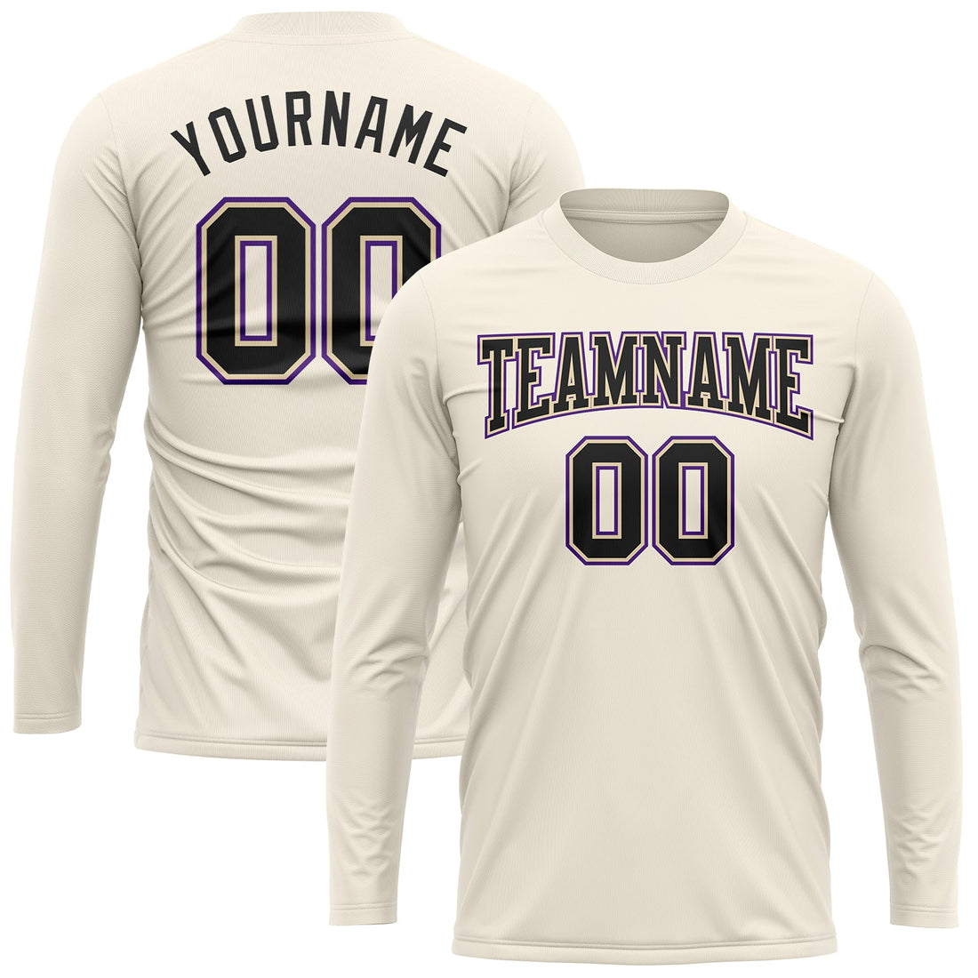 Custom Cream Black-Purple Long Sleeve Performance T-Shirt