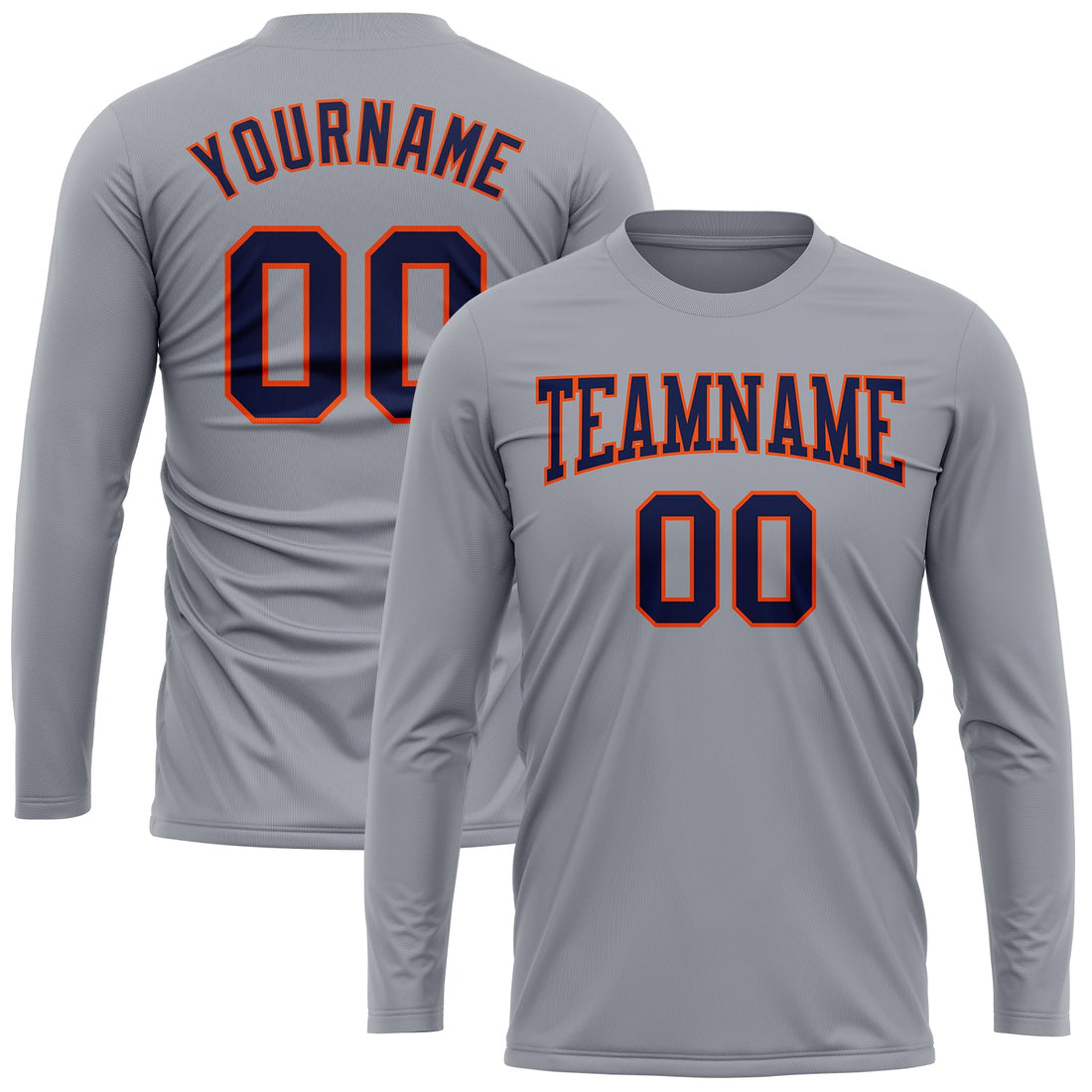 Custom Gray Navy-Orange Long Sleeve Performance T-Shirt