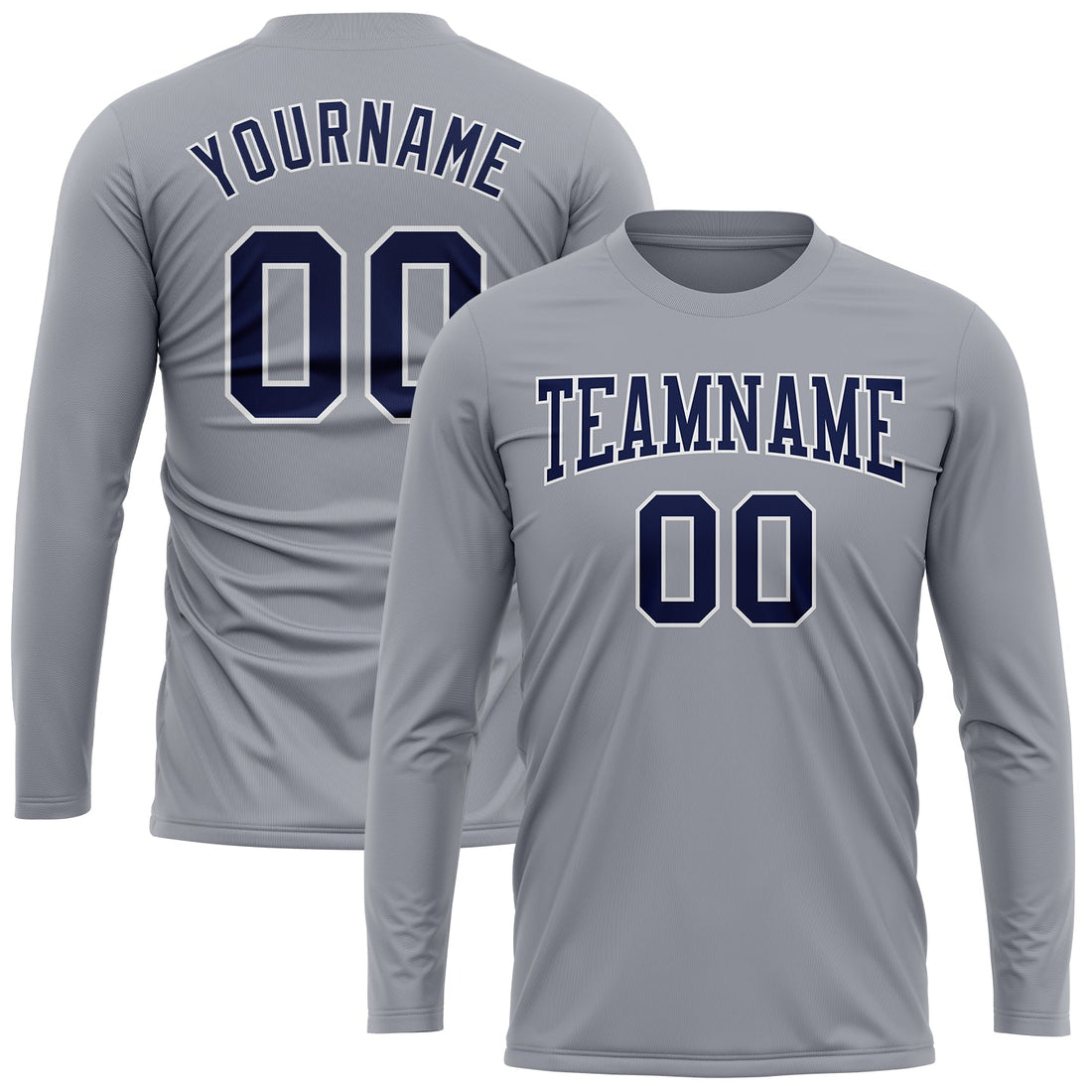 Custom Gray Navy-White Long Sleeve Performance T-Shirt