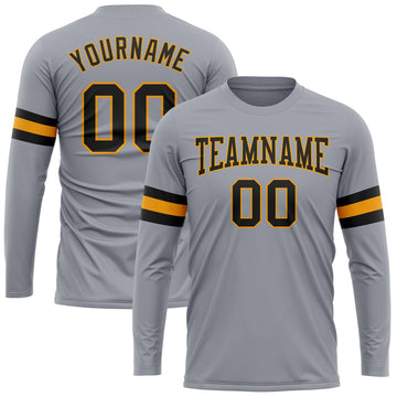 Custom Gray Black-Gold Long Sleeve Performance T-Shirt