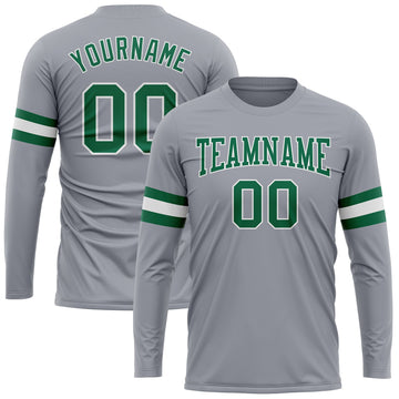 Custom Gray Kelly Green-White Long Sleeve Performance T-Shirt