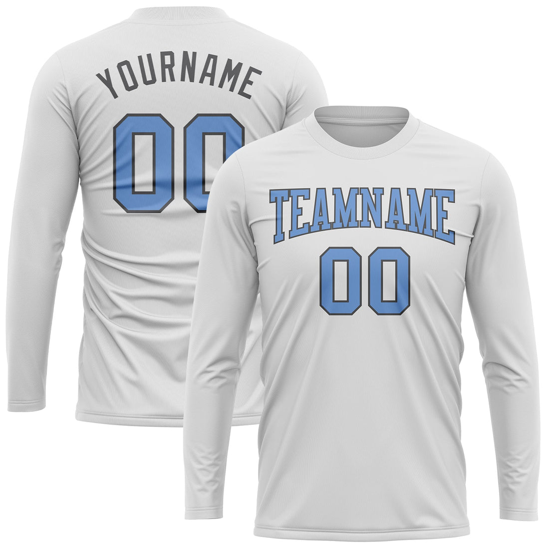 Custom White Light Blue-Steel Gray Long Sleeve Performance T-Shirt