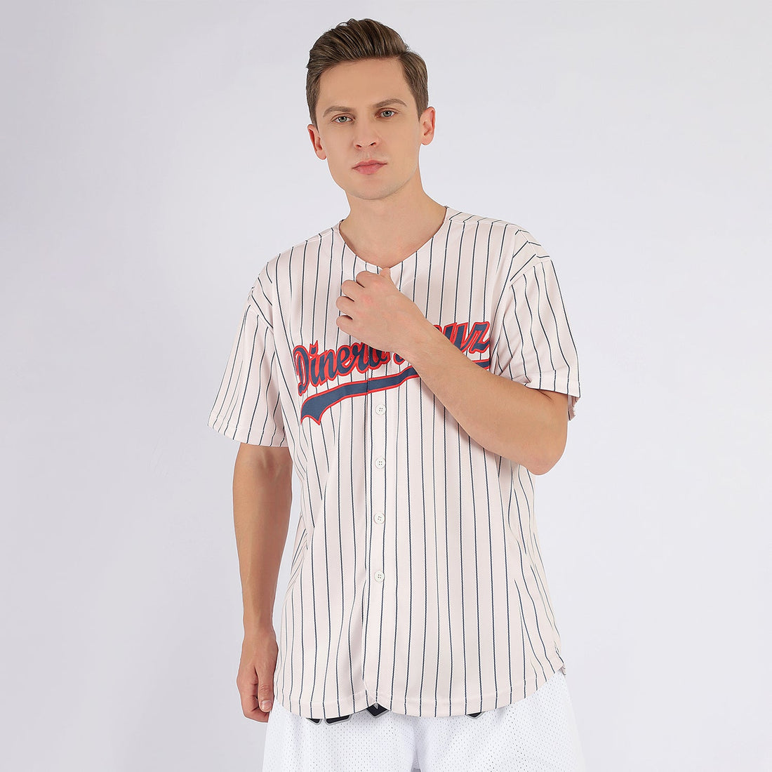 Custom Cream Navy Pinstripe Navy-Red Baseball Jersey