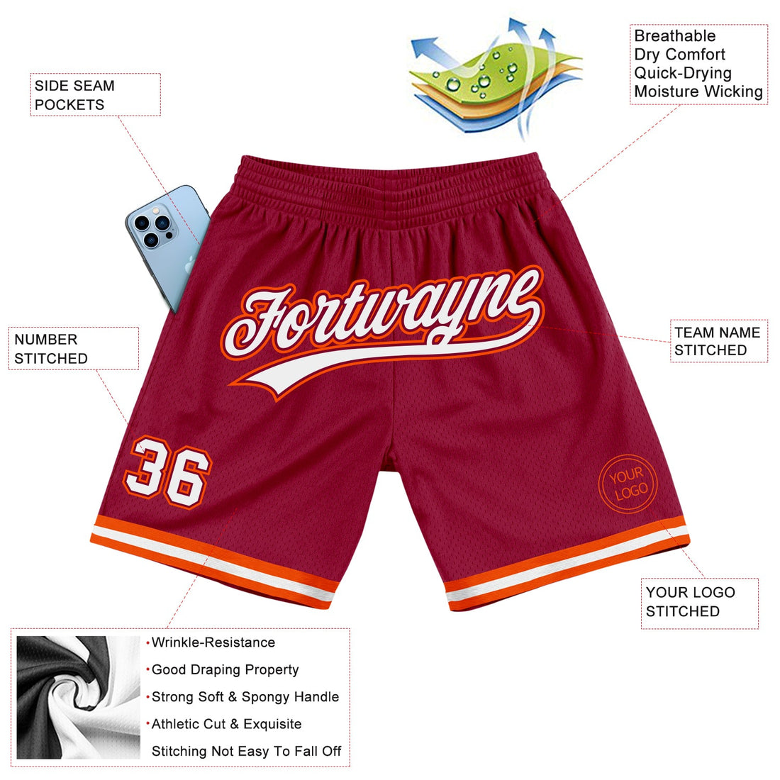 Custom Maroon White-Orange Authentic Throwback Basketball Shorts