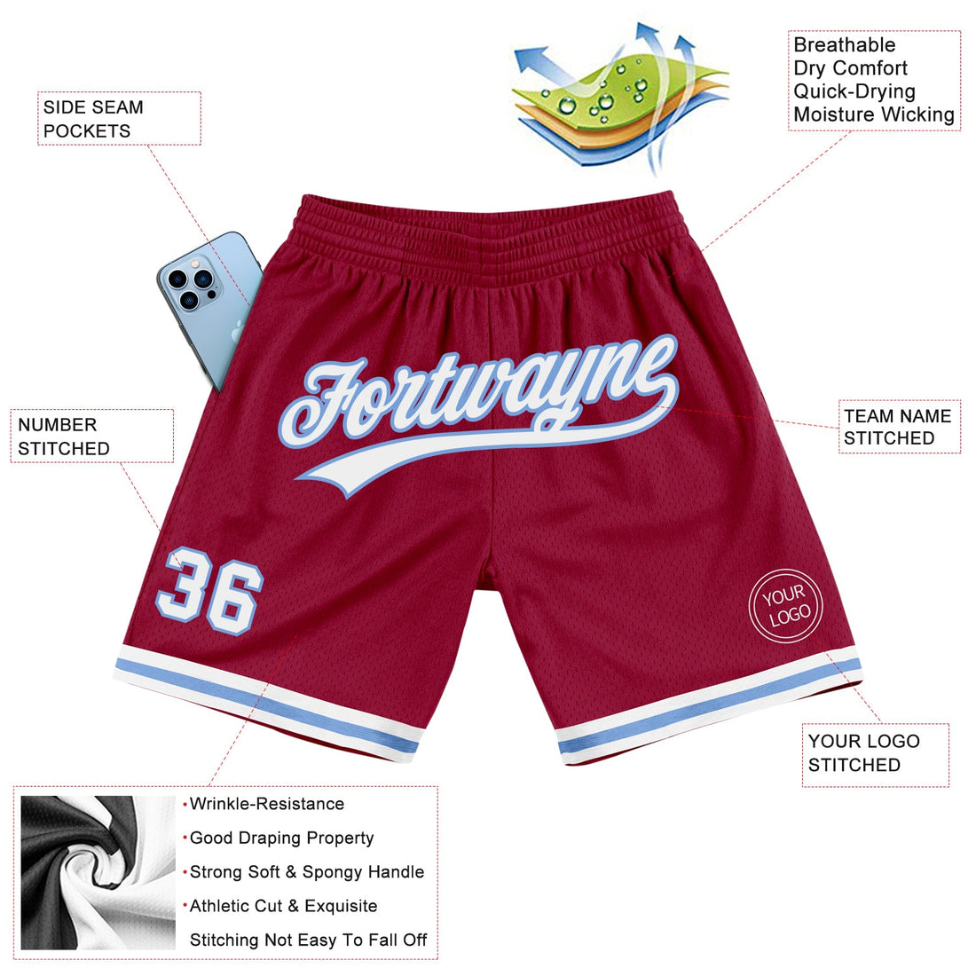 Custom Maroon White-Light Blue Authentic Throwback Basketball Shorts