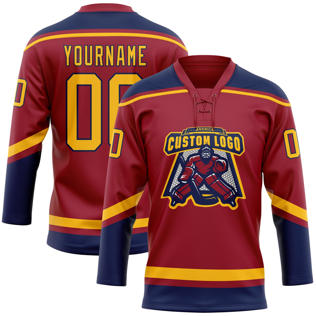 Custom Maroon Gold-Navy Hockey Lace Neck Jersey