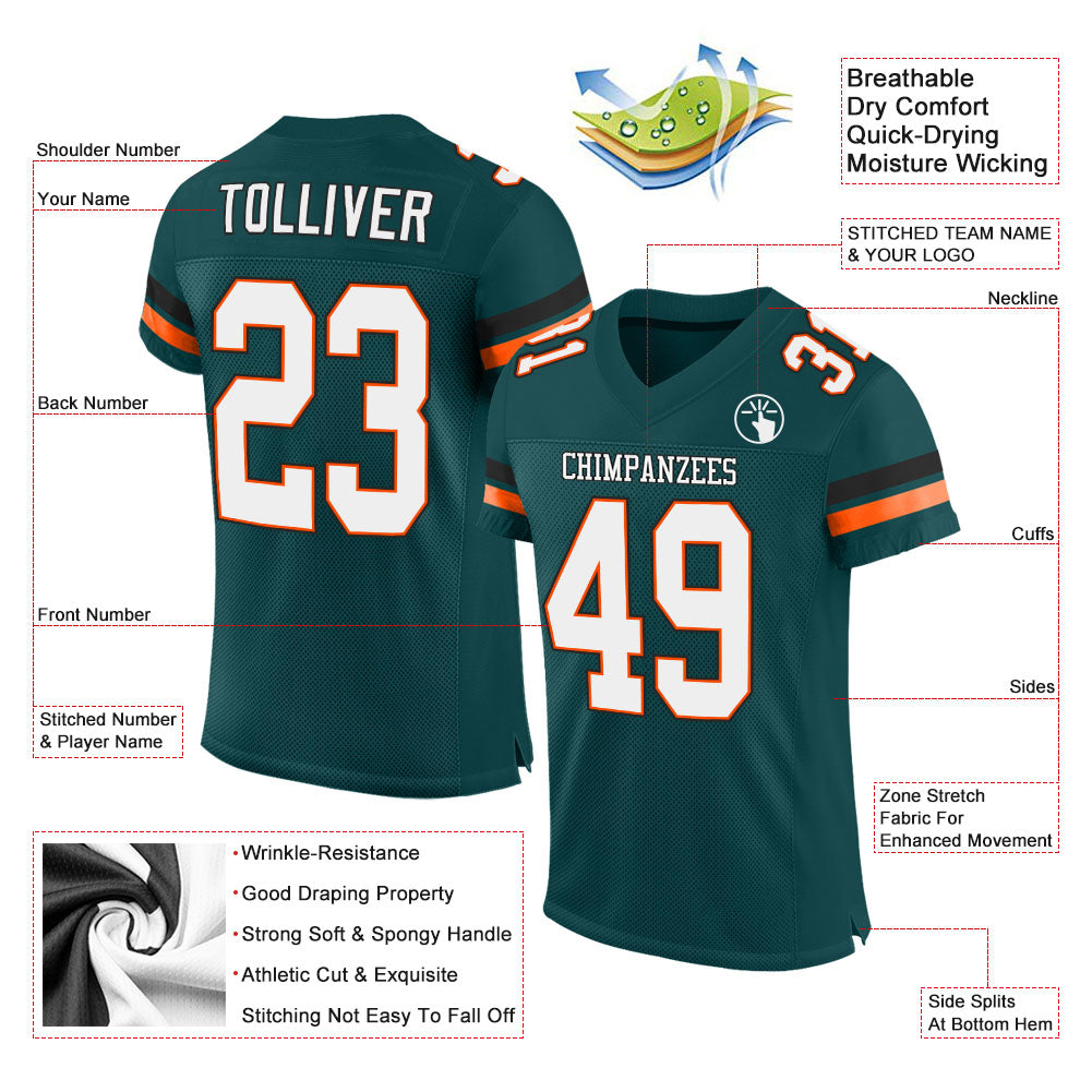 Custom Midnight Green White-Orange Mesh Authentic Football Jersey