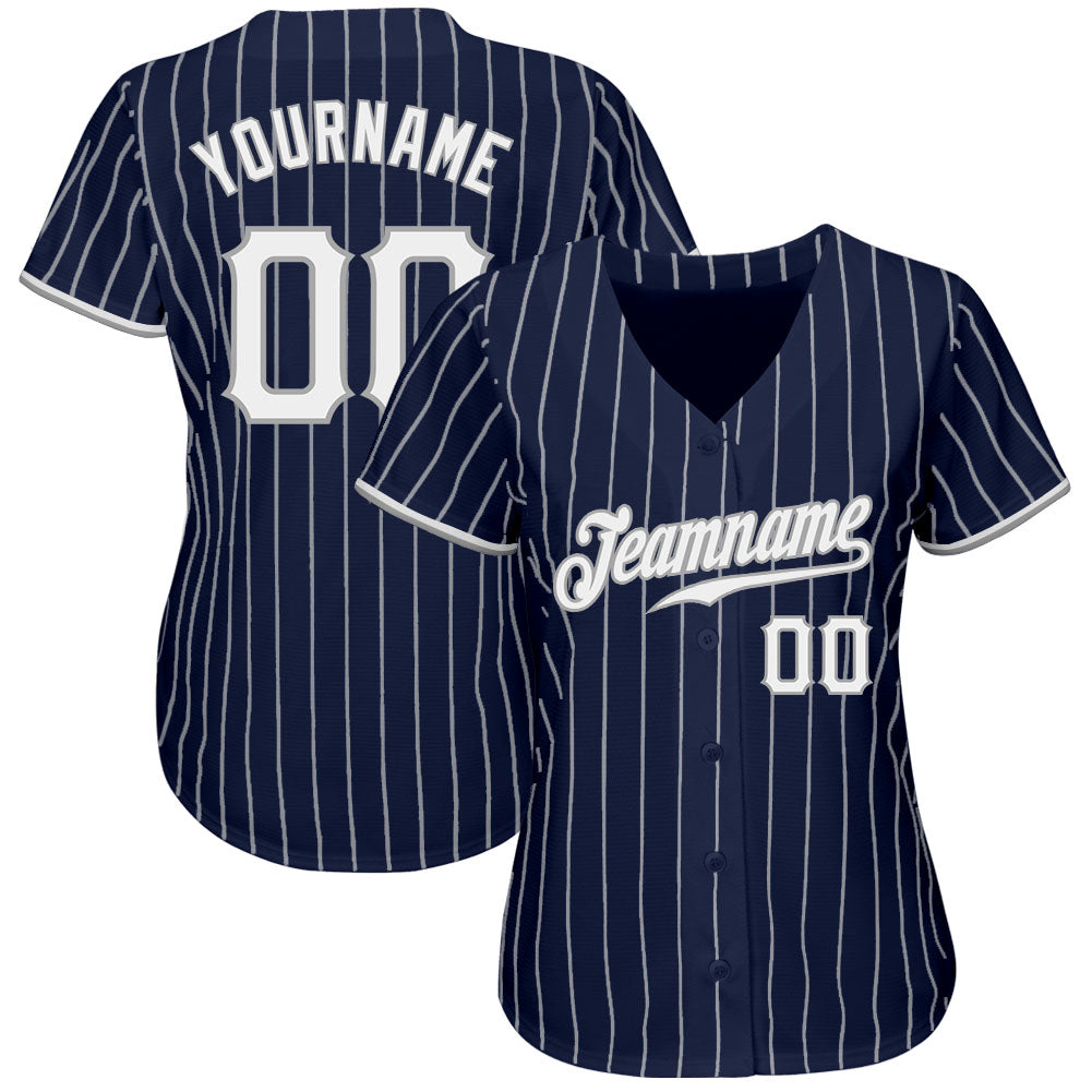 Custom Navy White Pinstripe White-Gray Authentic Baseball Jersey