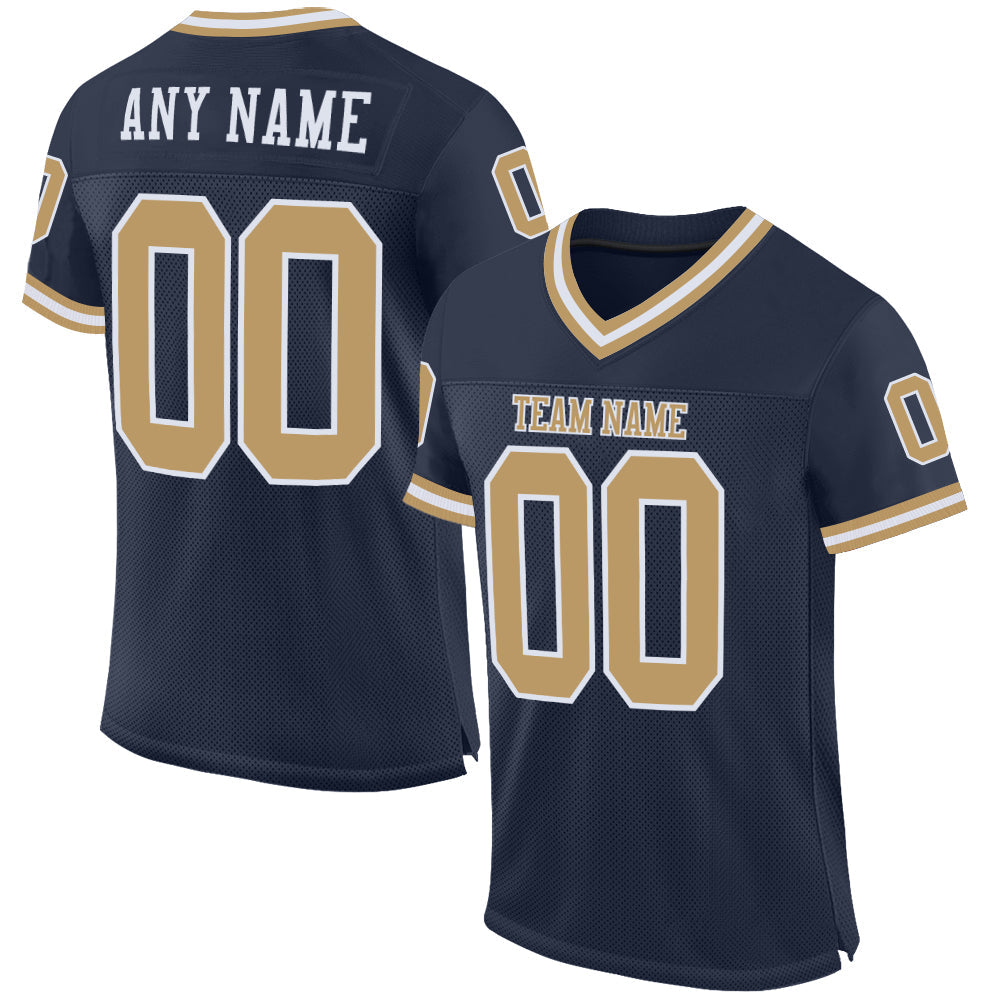 Custom Navy Old Gold-White Mesh Authentic Throwback Football Jersey