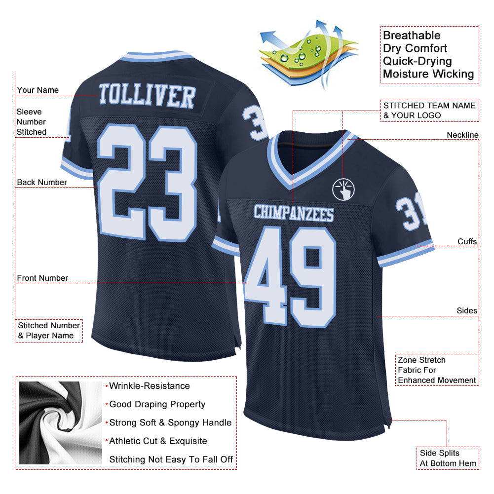 Custom Navy White-Light Blue Mesh Authentic Throwback Football Jersey