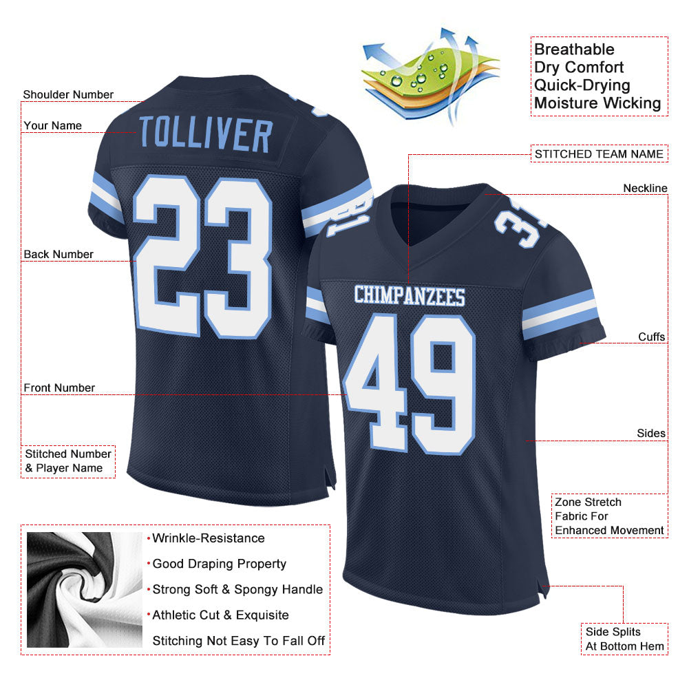 Custom Navy White-Light Blue Mesh Authentic Football Jersey