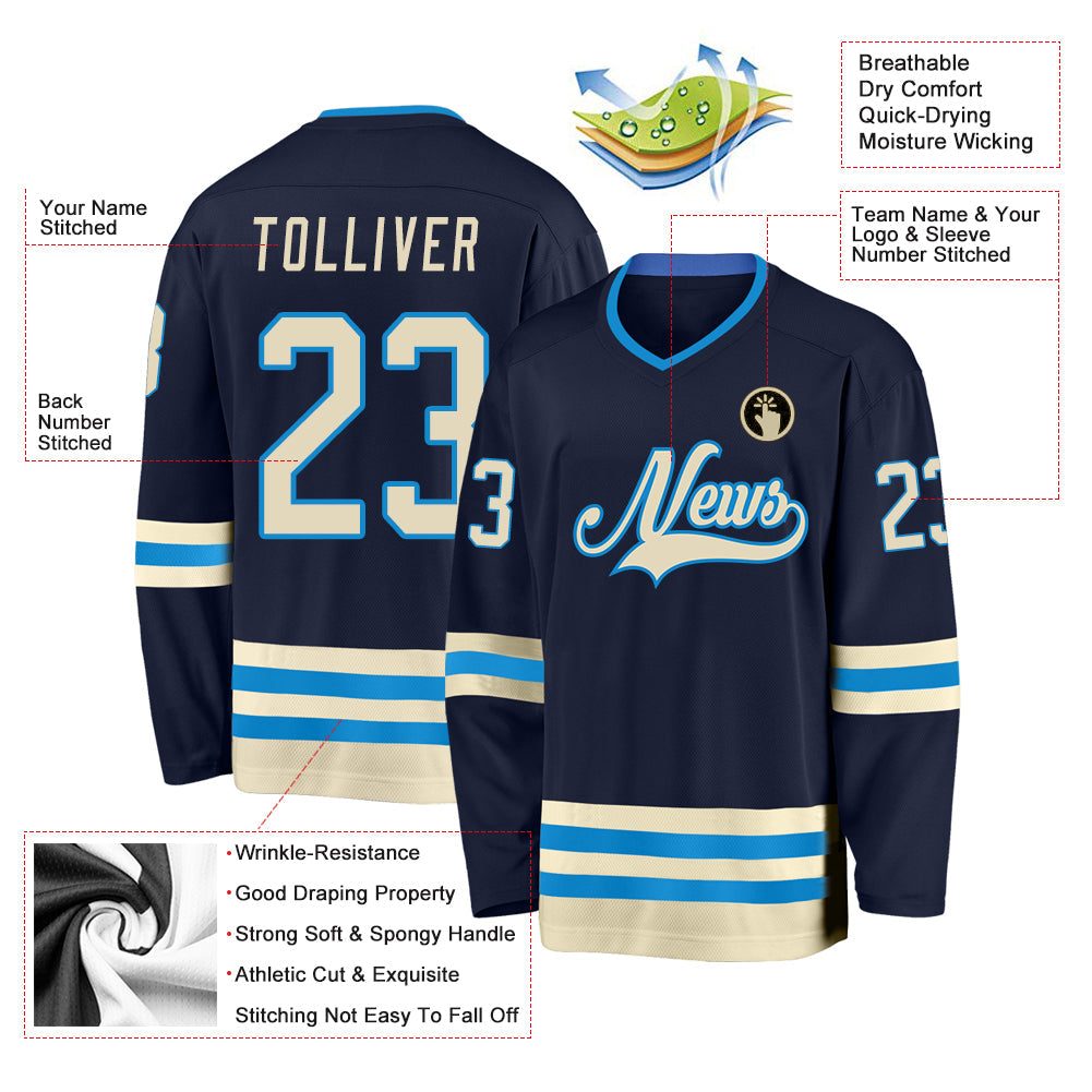 Custom Navy Cream-Blue Hockey Jersey