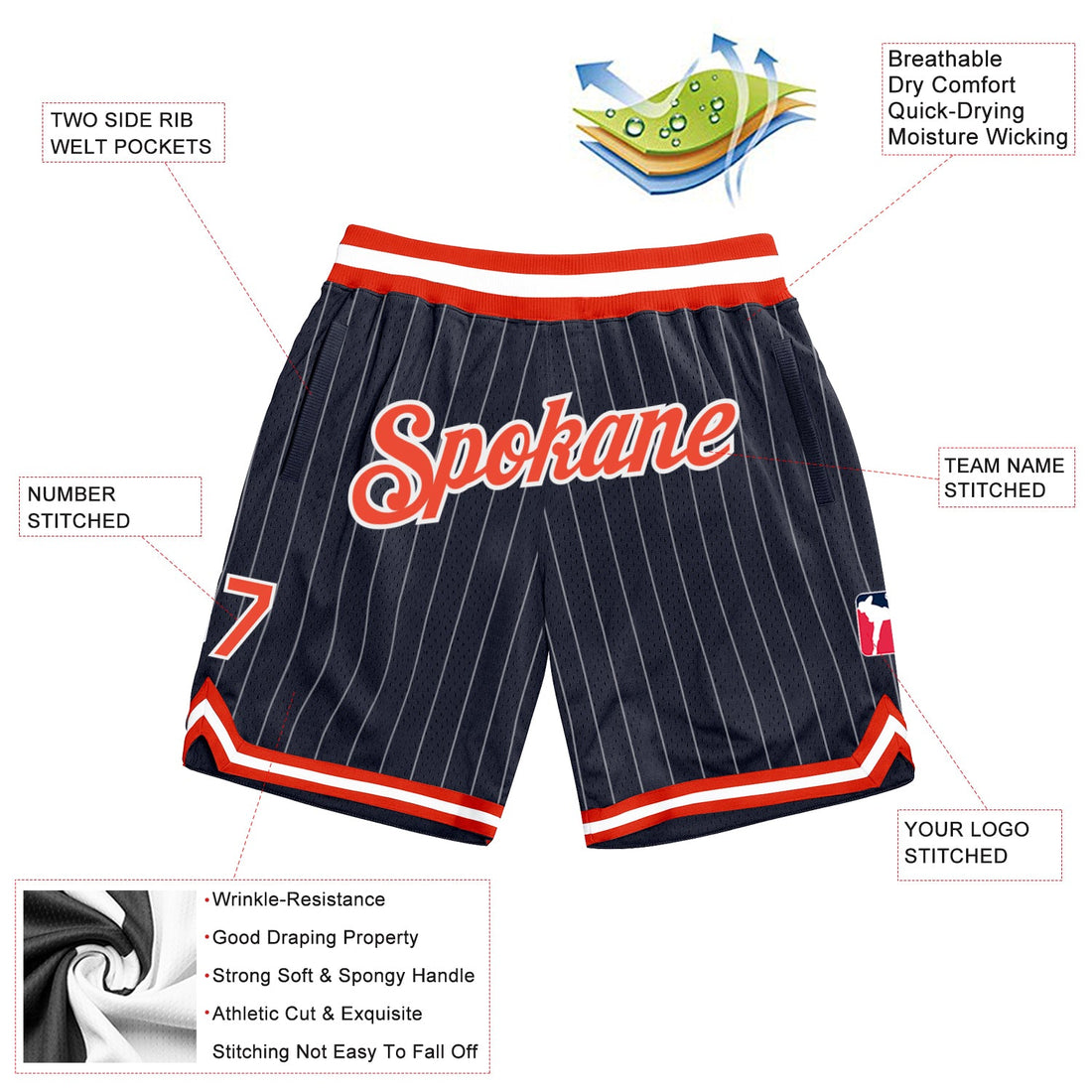 Custom Navy White Pinstripe Orange-White Authentic Basketball Shorts