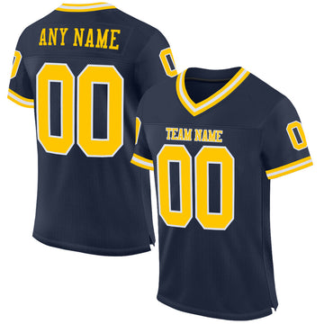 Custom Navy Gold-White Mesh Authentic Throwback Football Jersey