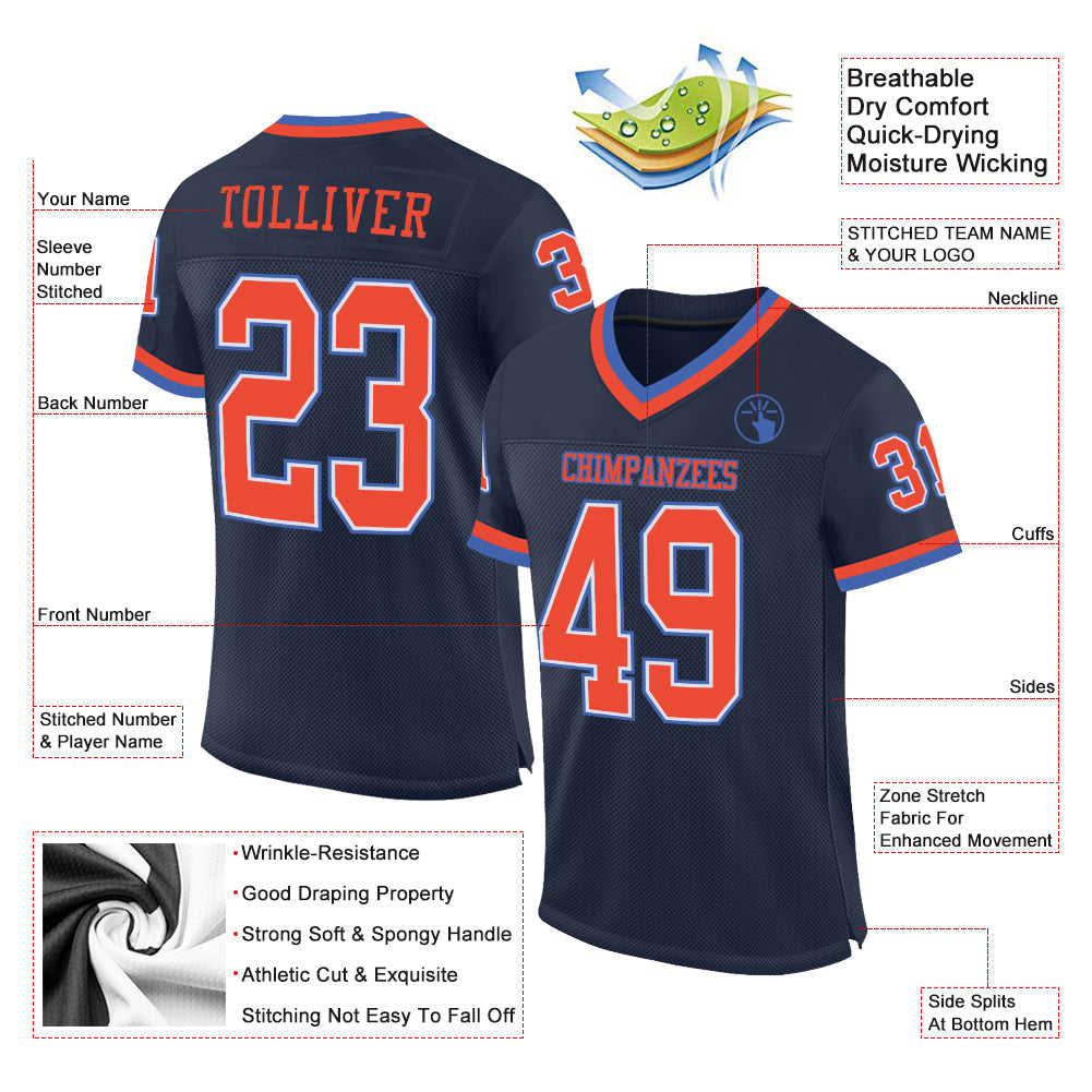 Custom Navy Orange-Blue Mesh Authentic Throwback Football Jersey