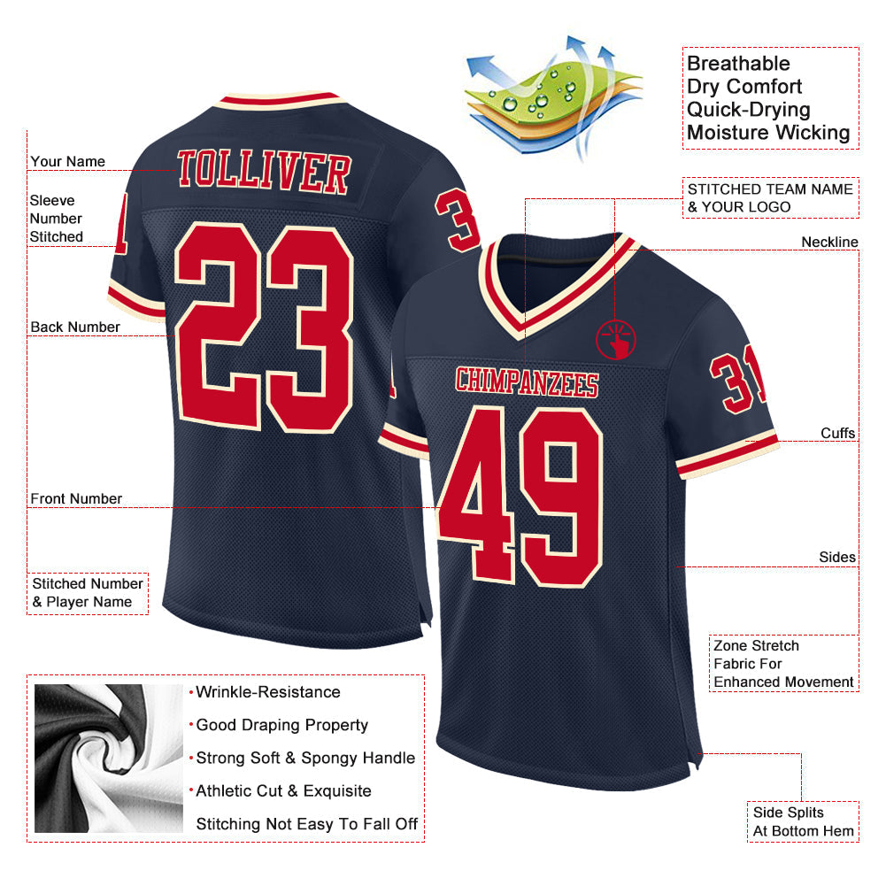 Custom Navy Red-Cream Mesh Authentic Throwback Football Jersey