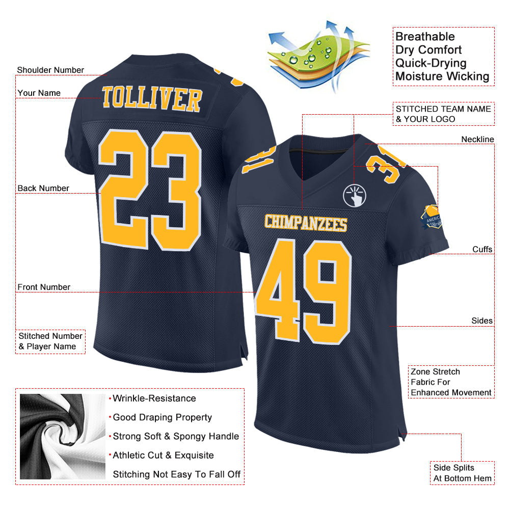 Custom Navy Gold-White Mesh Authentic Football Jersey