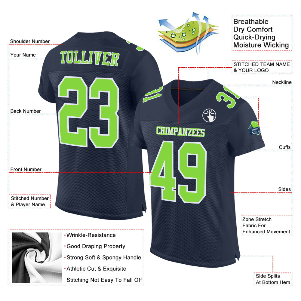 Custom Navy Neon Green-White Mesh Authentic Football Jersey