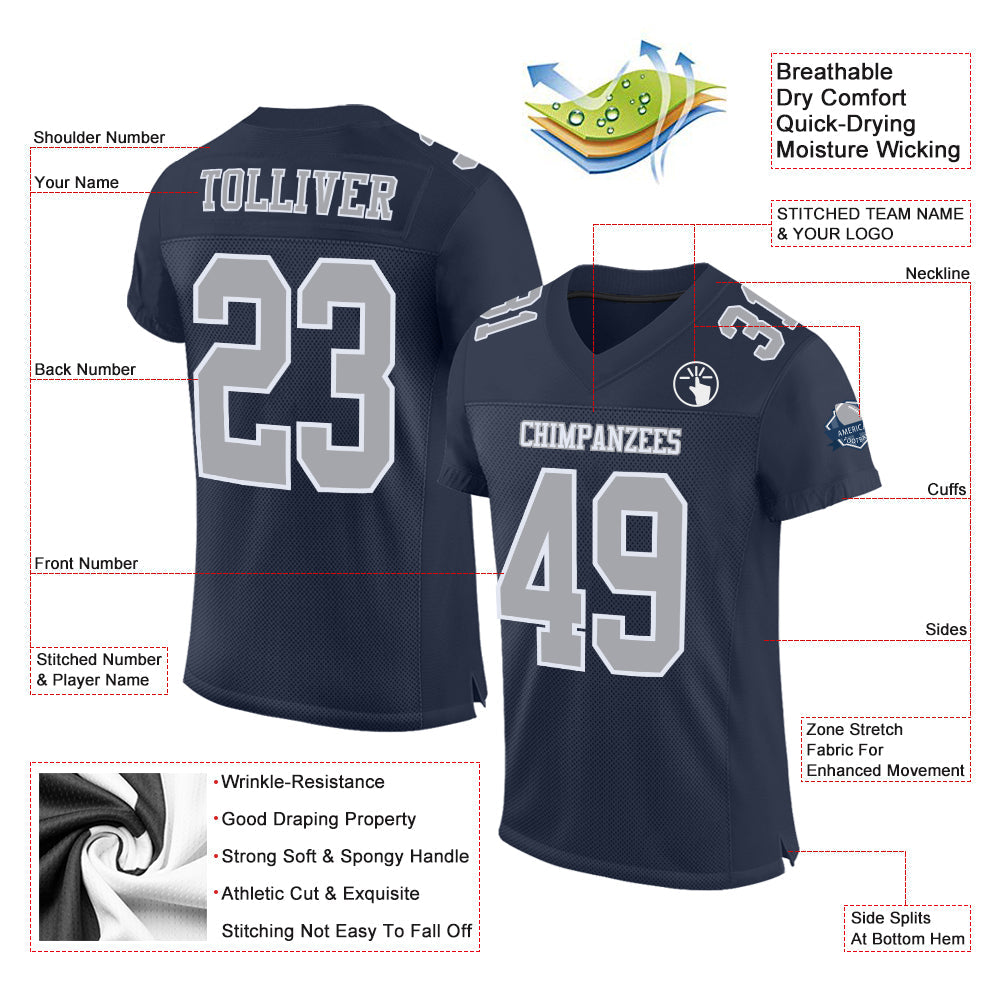 Custom Navy Gray-White Mesh Authentic Football Jersey