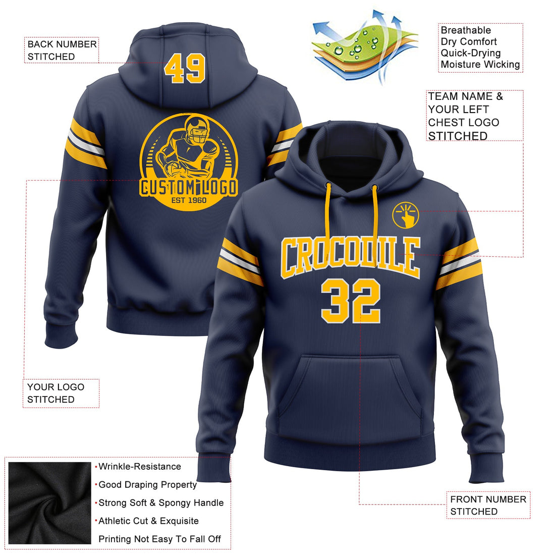 Custom Stitched Navy Gold-White Football Pullover Sweatshirt Hoodie