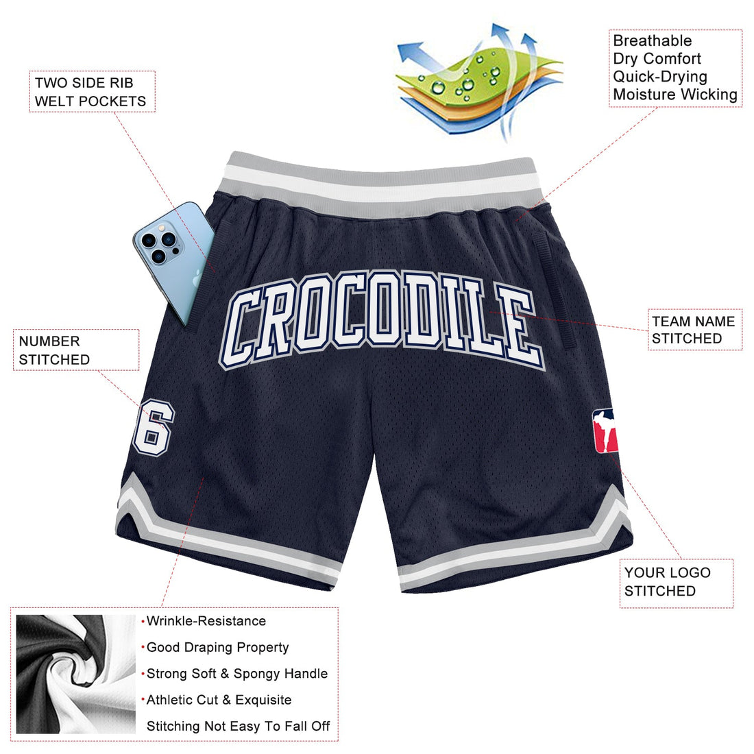 Custom Navy White-Gray Authentic Throwback Basketball Shorts