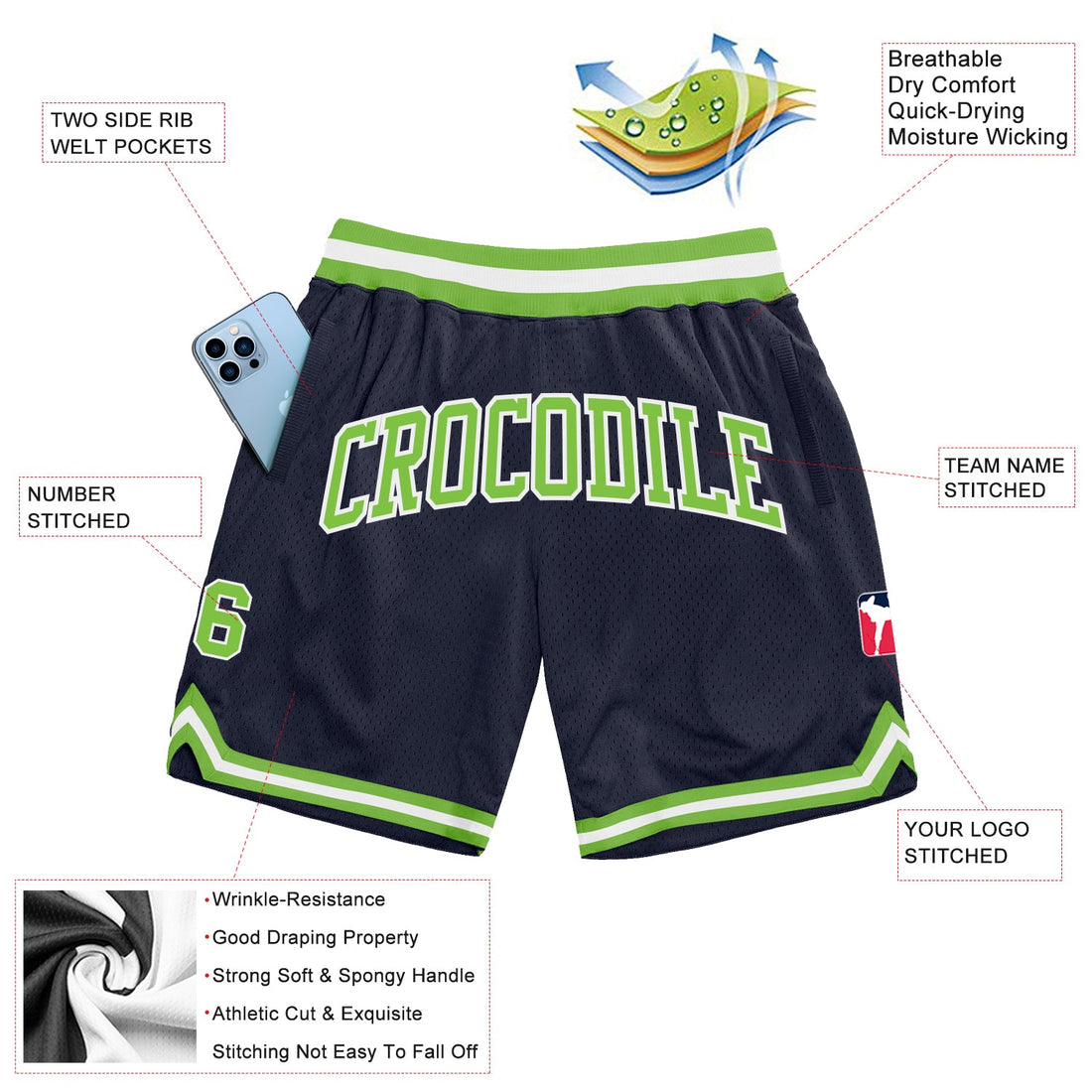 Custom Navy Neon Green-White Authentic Throwback Basketball Shorts