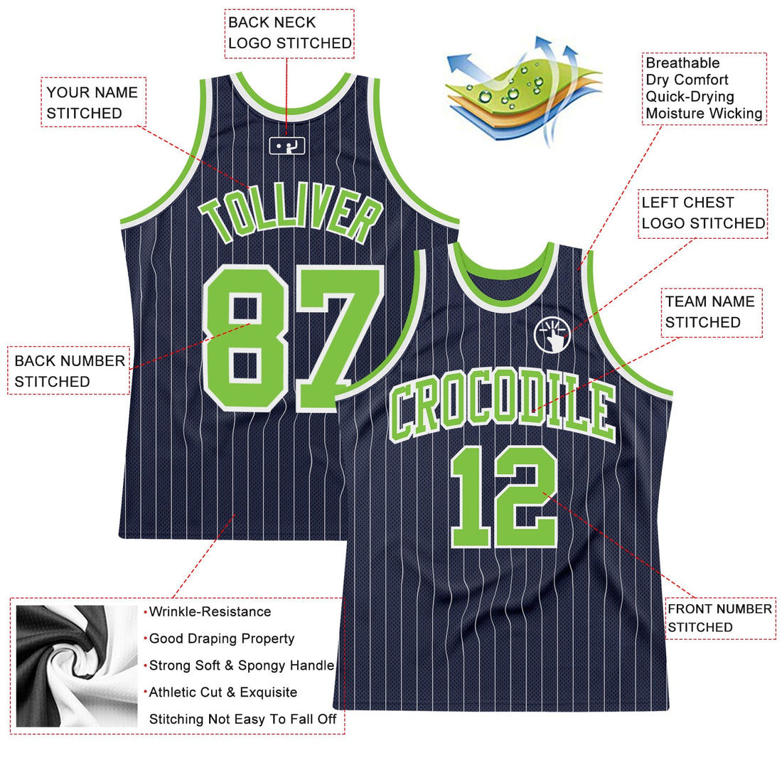 Custom Navy White Pinstripe Neon Green Authentic Basketball Jersey