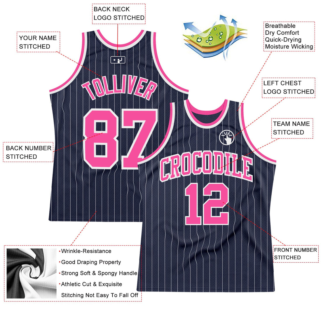 Custom Navy White Pinstripe Pink Authentic Basketball Jersey