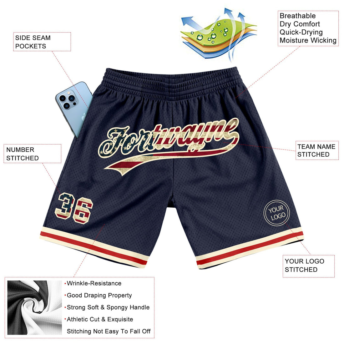 Custom Navy Vintage USA Flag-Cream Authentic Throwback Basketball Shorts