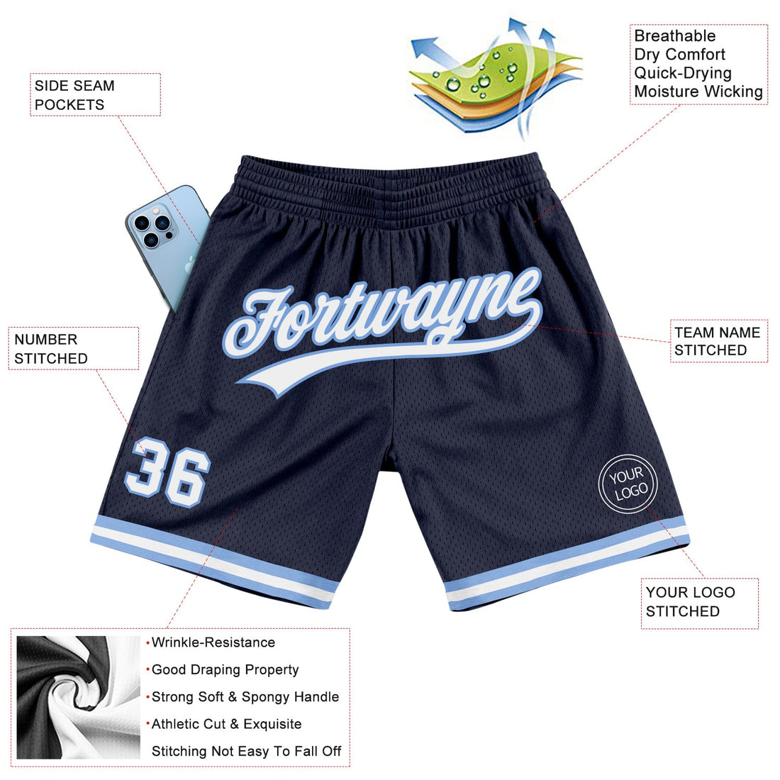 Custom Navy White-Light Blue Authentic Throwback Basketball Shorts