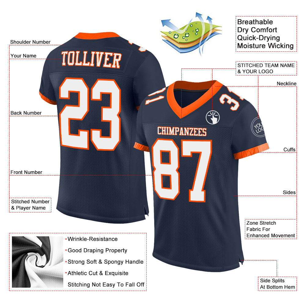 Custom Navy White-Orange Mesh Authentic Football Jersey