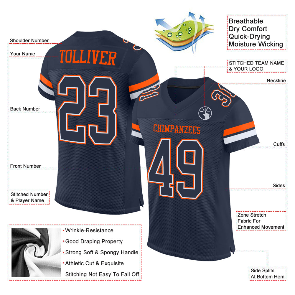 Custom Navy White-Orange Mesh Authentic Football Jersey