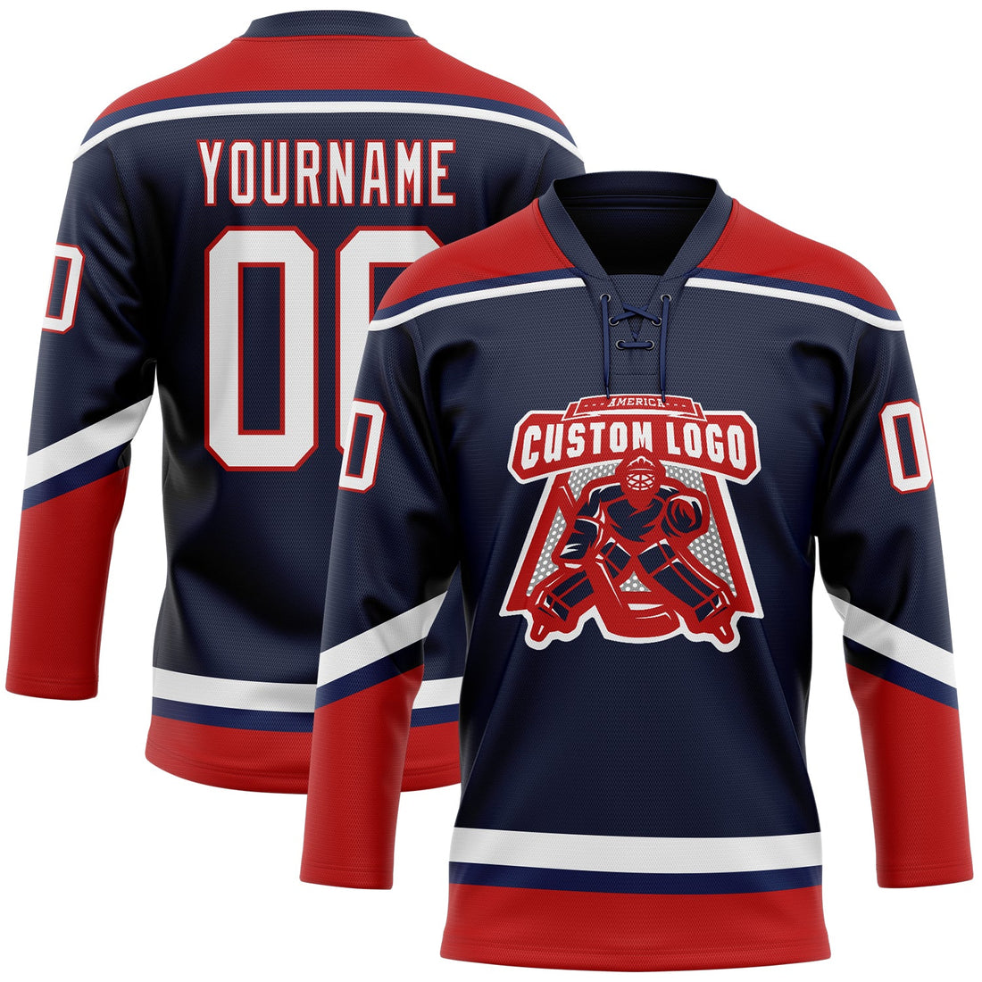 Custom Navy White-Red Hockey Lace Neck Jersey