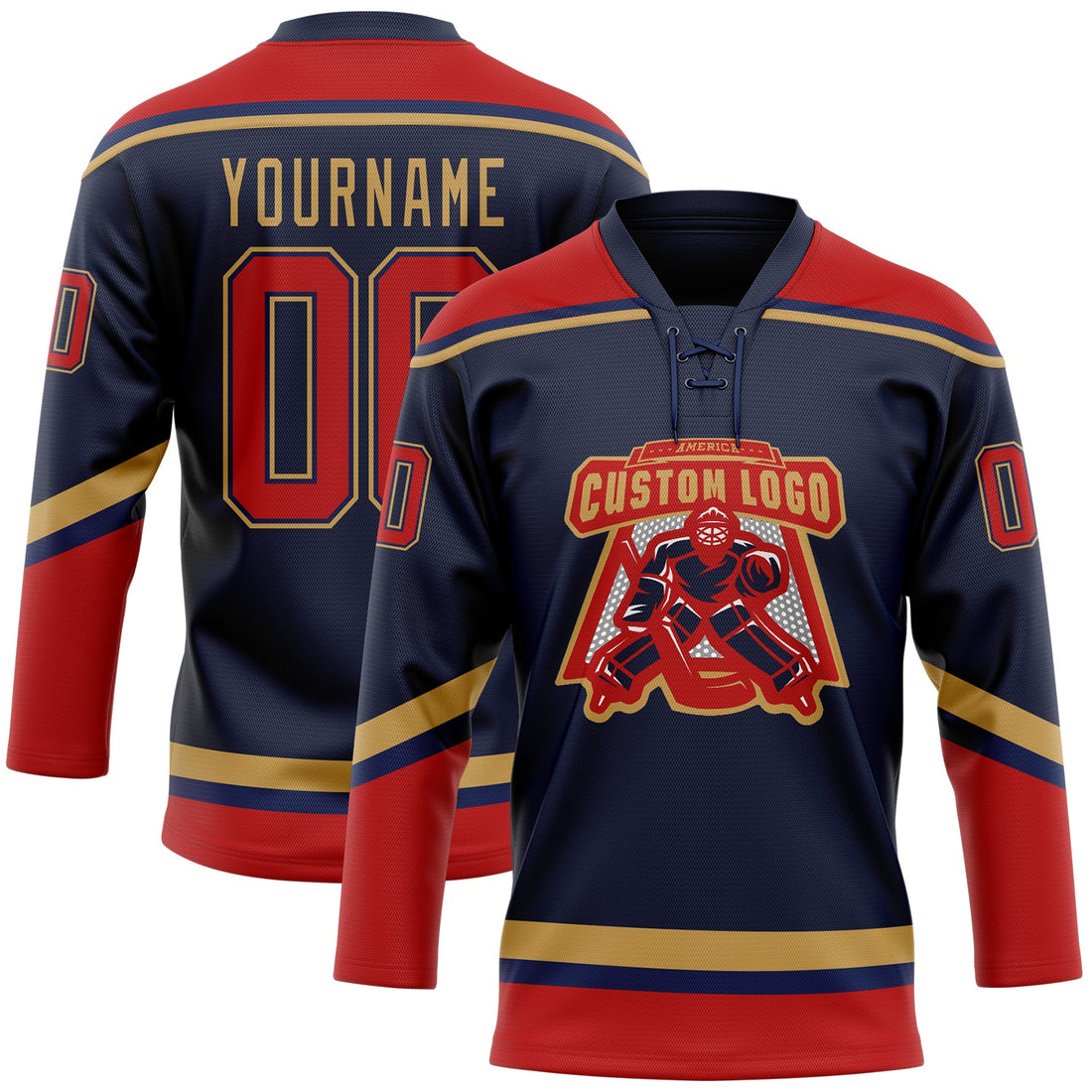 Custom Navy Red-Old Gold Hockey Lace Neck Jersey