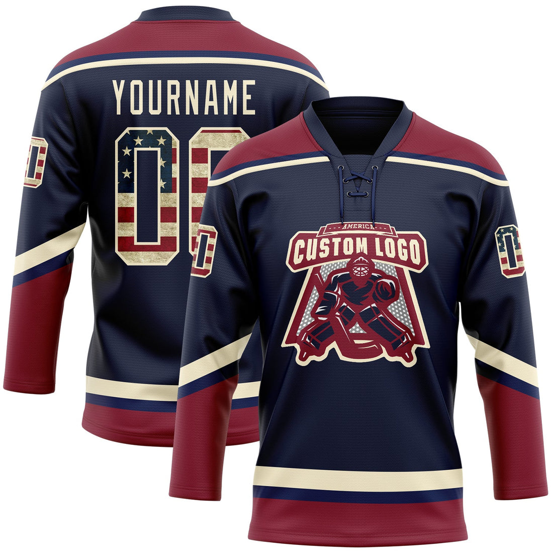 Custom Navy Vintage USA Flag Crimson-Cream Hockey Lace Neck Jersey