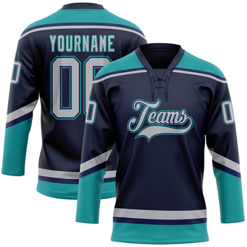 Custom Navy Gray-Teal Hockey Lace Neck Jersey